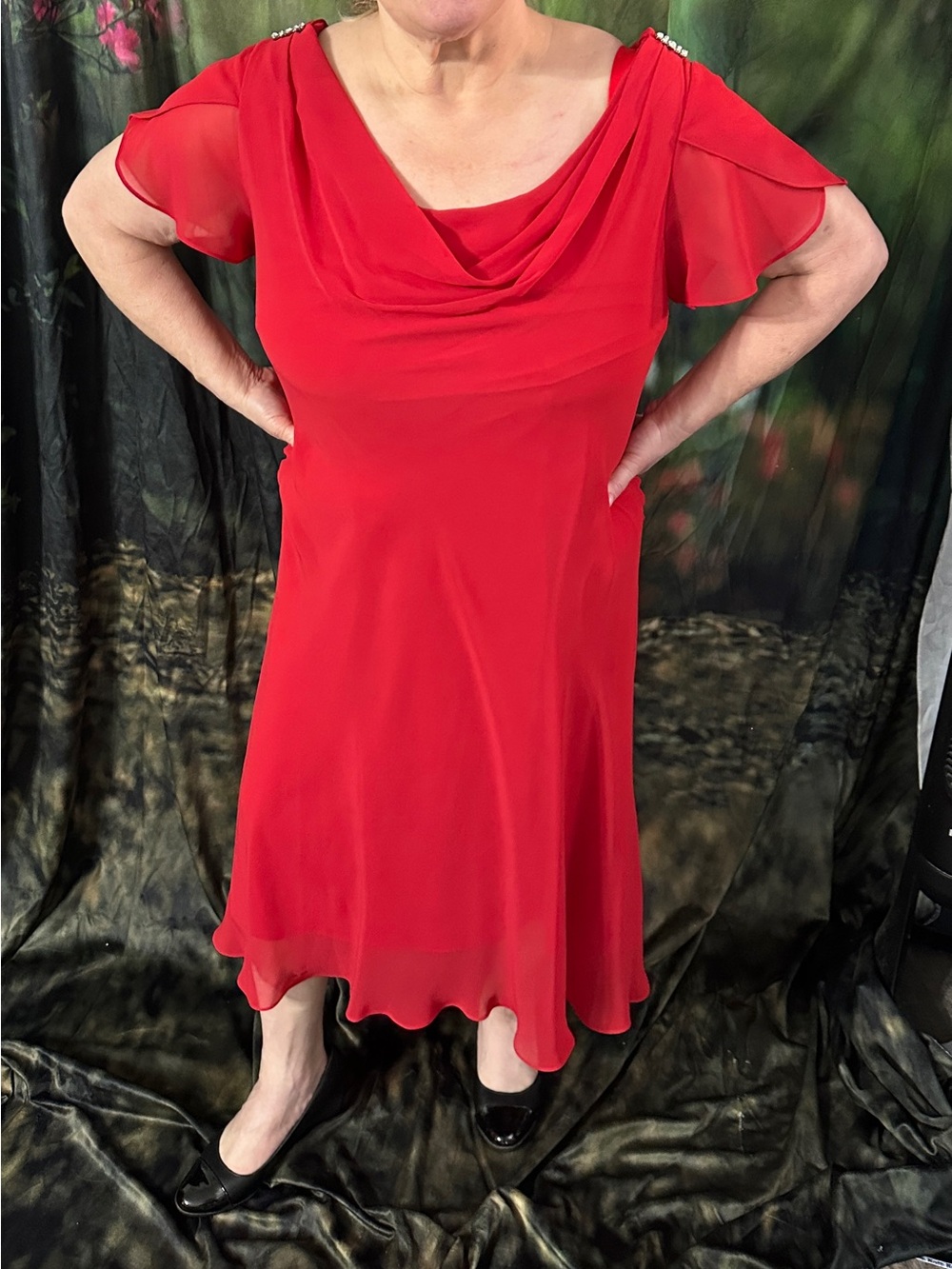 SL Fashion 16W Red Chiffon Cowl Neck, and rhinestone embellished Women's Dress - Picture 6 of 9